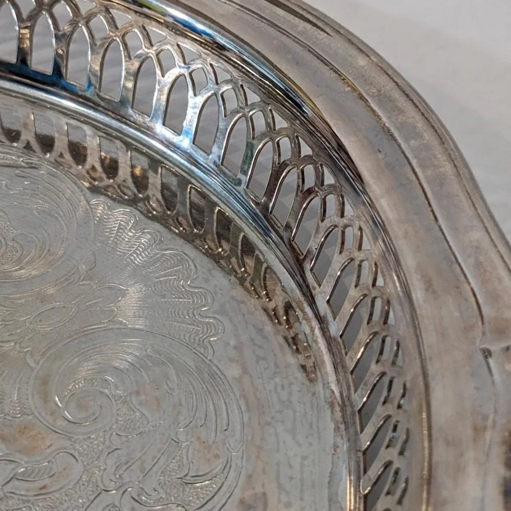 Vtg Oneida Silver Plated Oval Serving Tray Etched Floral Pierced Gallery Rim 15